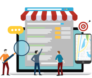 Illustration of people analyzing a webpage with a magnifying glass, gears, a speech bubble, and a map on a smartphone. One person points at the webpage, symbolizing search engine optimization and digital marketing in web development.