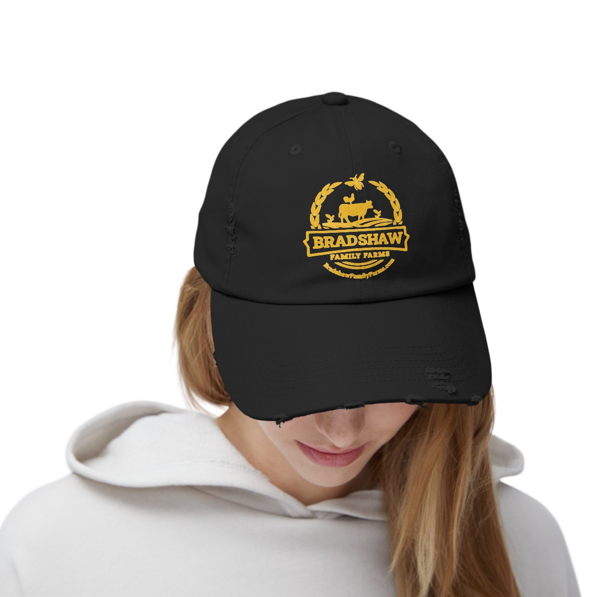 Bradshaw family farms logo on hat