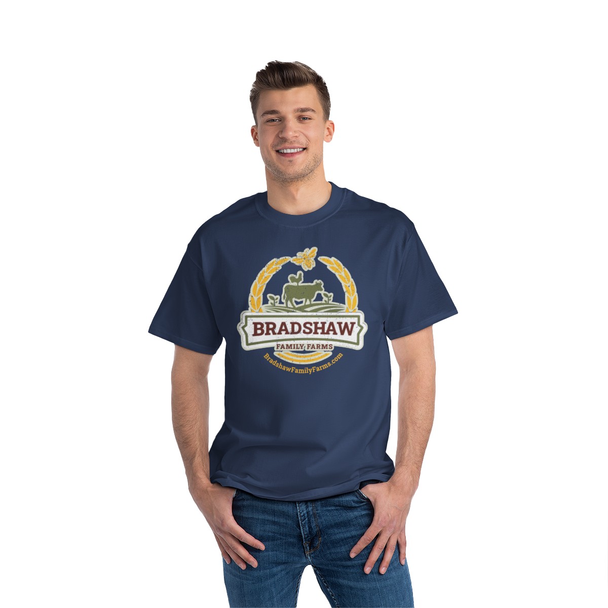 Bradshaw family farms logo on t-shirt
