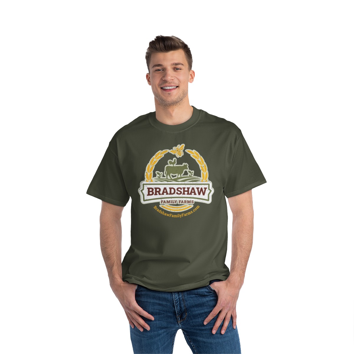 Bradshaw family farms logo on t-shirt
