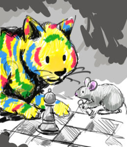 A colorful, cartoon-style cat and a small mouse are playfully engaged in a game of chess on a checkerboard. The cat, with its vibrant multicolored coat, looks almost like its dreaming up black hat SEO techniques, while the mouse holds a chess piece against the simple gray backdrop.