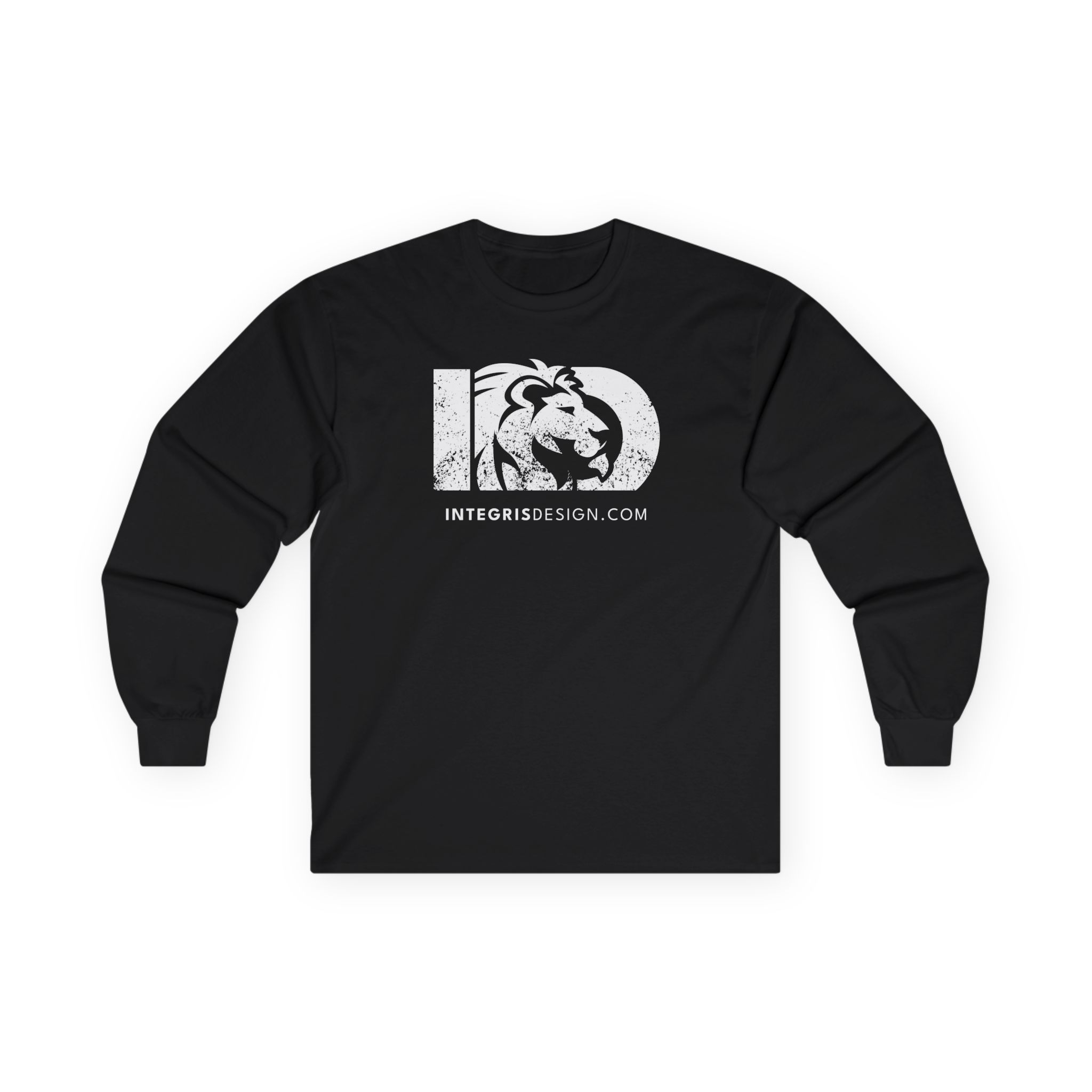 Unisex Long Sleeve Tee in black featuring a distressed white ID logo with a lion’s face inside the D and “INTEGRISDESIGN.COM” printed below.