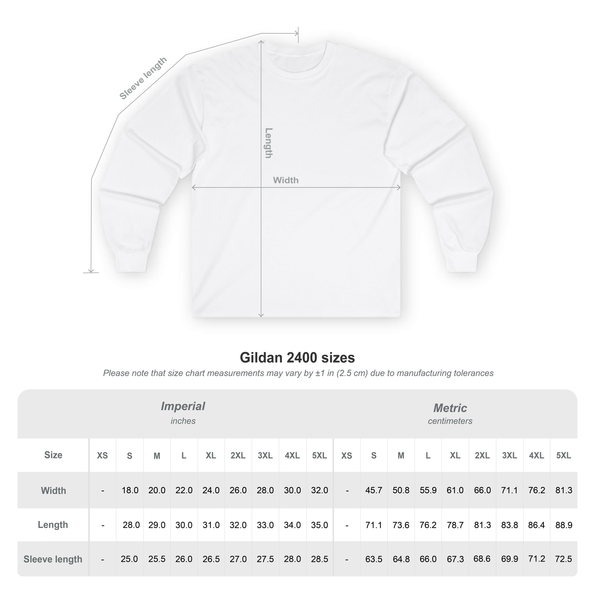 Size chart for Unisex Long Sleeve Tee with a diagram showing width, length, and sleeve length. Includes measurements in inches and centimeters for sizes XS–5XL. Shirt is white and long-sleeved.