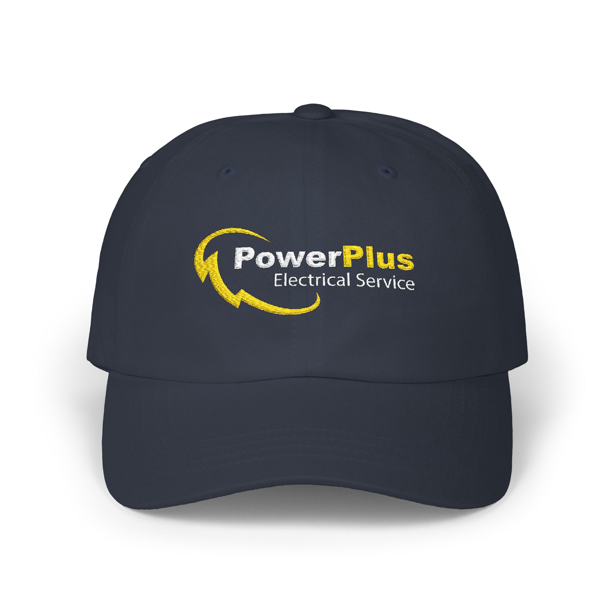 The Power Plus Electrical Services Embroidered Hat (Yupoong 6245CM) is shown from the front in navy blue, featuring the companys logo in white and yellow text with a yellow swoosh design.