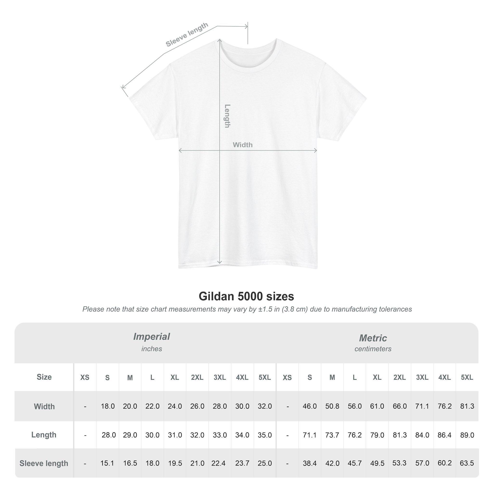Diagram of a white Kings Painting Co. Logo T‑Shirt (Pocket Logo & Back Graphic) | Gildan Ultra Cotton (G5000), with labeled measurements for length, width, and sleeve length. Below is a size chart for the Gildan Ultra Cotton (G5000) t-shirt, listing measurements in both inches and centimeters for sizes XS to 5XL.